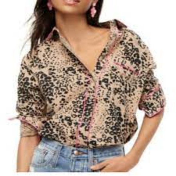 J. Crew Tops - J. Crew Button-up Shirt in Leopard Print, Pink Satin Trim, Size Medium